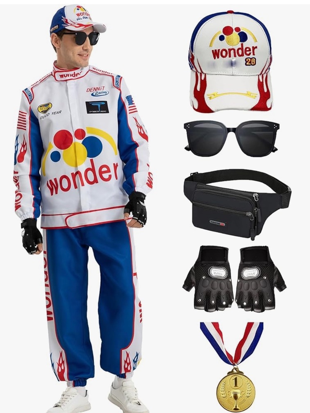 Amazon Wonder Racing Cap and Sunglasses Set - White, Blue, Red, Yellow